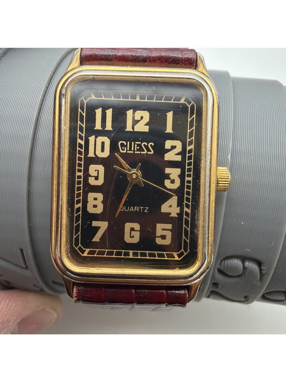 Vintage Womens Guess Watch 22mm Gold Tone Tank 1989 Leather Band New Battery
